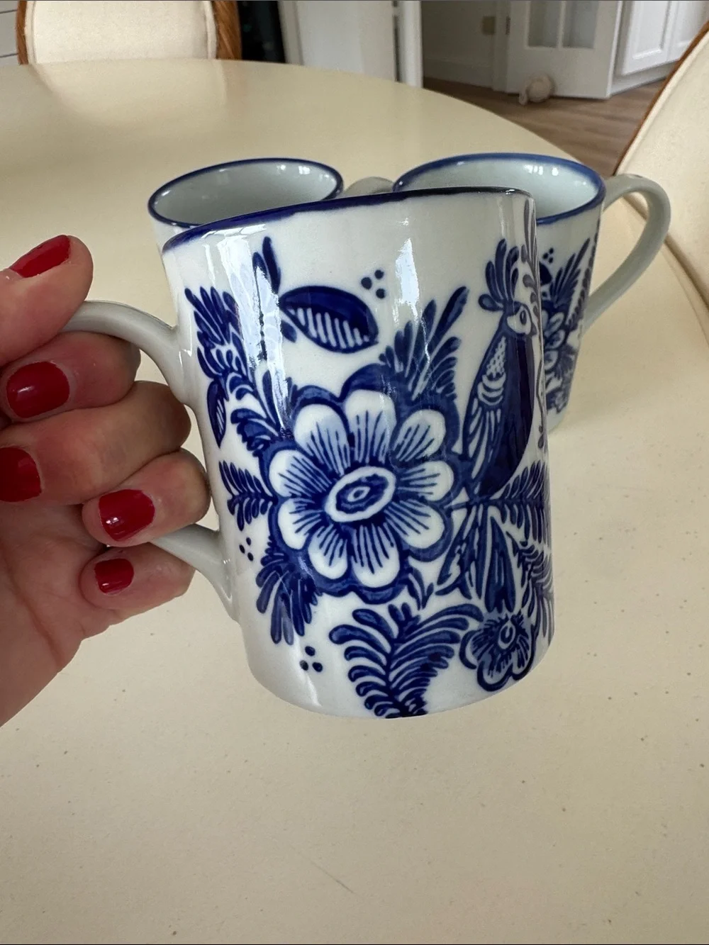 Rare Discontinued Pottery Barn Elsie White With Blue Floral Bird Set Of 3 mugs